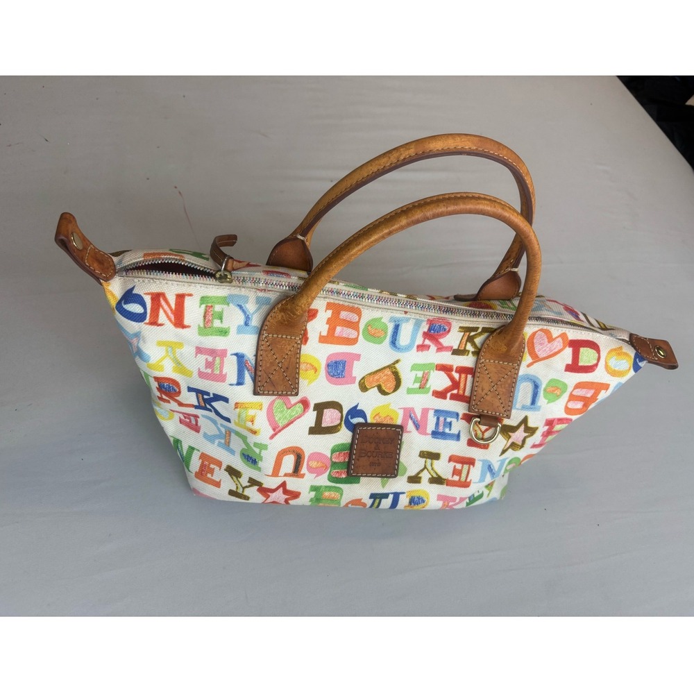 Dooney & Bourke Multi-Color Doodle Logo Canvas Satchel Bag Tan Leather Trim